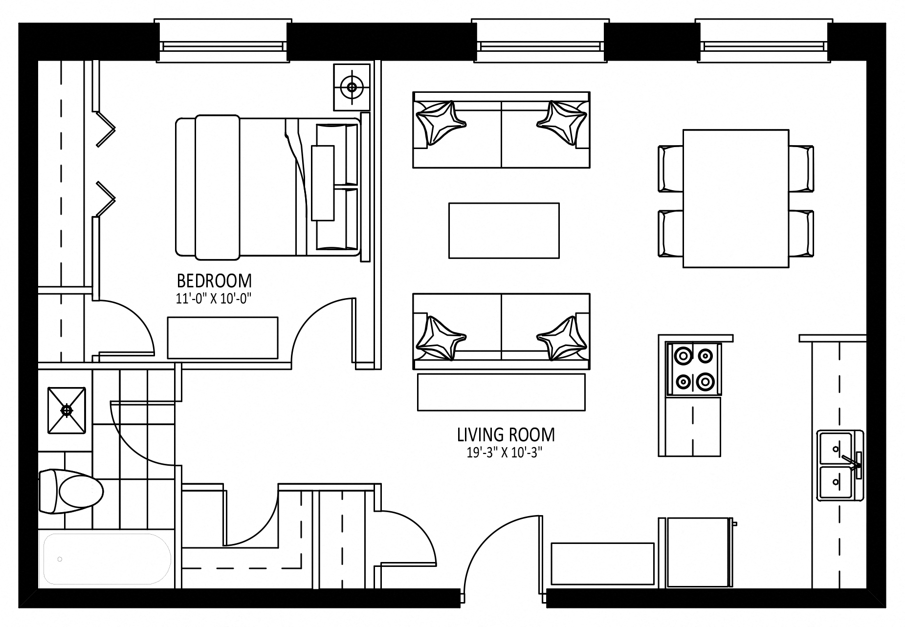 Floor plan for 1 bed, 1 bath, 648 sqft
